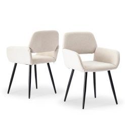 39F Furniture Dream Set of 2 Retro Vintage Dining Chairs Armchair Upholstered Fabric Seat Metal Legs for Kitchen Living Room Bedroom Office, Beige, 56x53x76.5cm