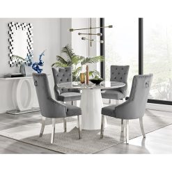 Edzard Statement Round Dining Table Set in Luxury Marble Effect & 4 Velvet Dining Chairs