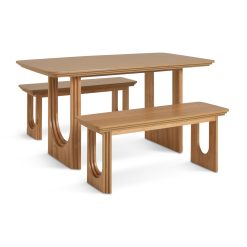 Habitat Trezy Solid Wood Effect Dining Table & 2 Oak Benches
