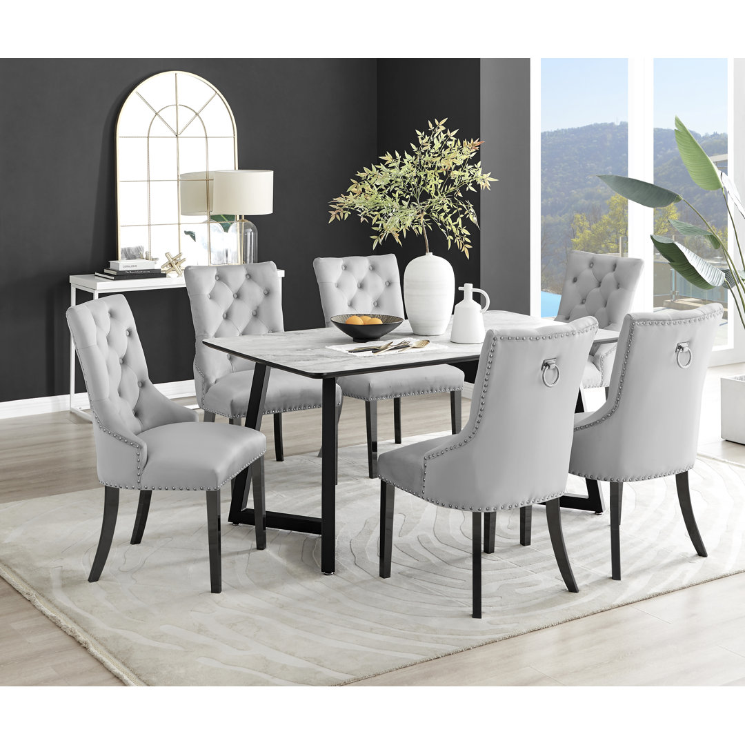 Industrial Design White & Grey Marble Effect Melamine Dining Table Set with 6 Button Velvet Chairs
