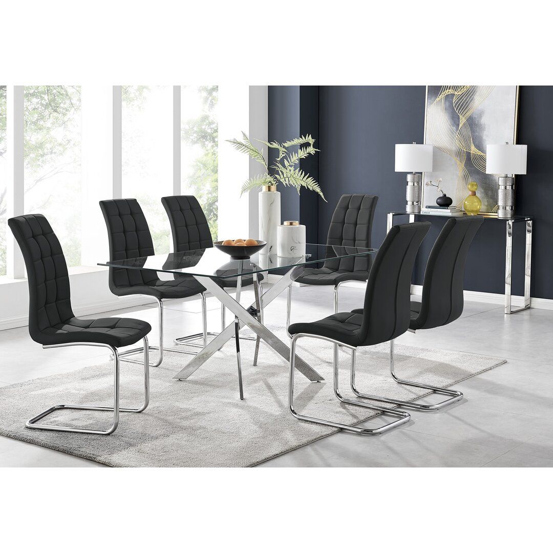 Lenworth Chrome and Glass Rectangular Dining Table Set with 6 Modern Faux Leather Chairs