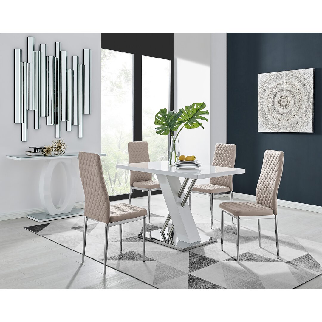 Sorro Cross Luxury High Gloss & Chrome Dining Table Set with 4 Quilted Faux Leather Chairs