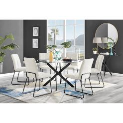 Tierra Modern Glass & Metal Round Dining Table Set & 6 Luxury Fabric Dining Chairs