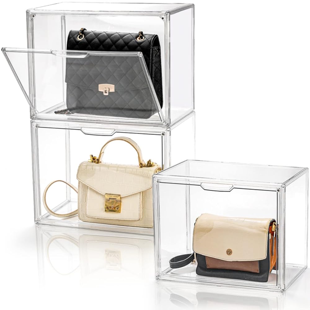 AVLA 3 Pack Plastic Handbag Storage Organizer for Closet, Clear Acrylic Display Case with Magnetic Door, Luxury Stackable Purse Clutch Organization, Assemble Collectibles Boxes...