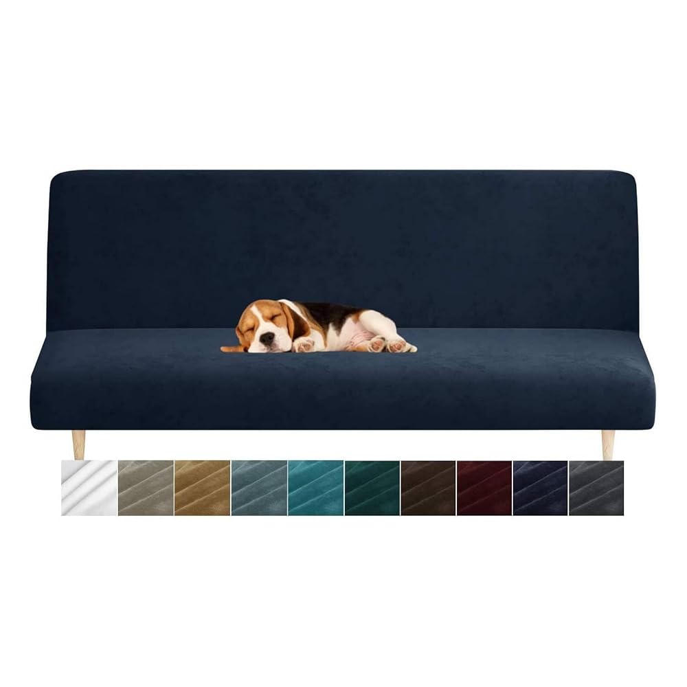 CHELZEN Velvet Futon Cover High Stretch Armless Couch Covers Spandex Fabric Sofa Bed Slipcover Anti Slip Furniture Protector (Futon, Navy Blue)