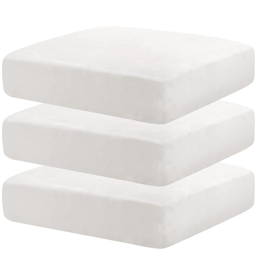 CHELZEN Velvet Sofa Seat Cushion Cover, Stretch Sofa Cushion Slipcovers, Couch Cushion Covers, Replacement for Individual Cushion Furniture Protector (1 Seater*3, White)