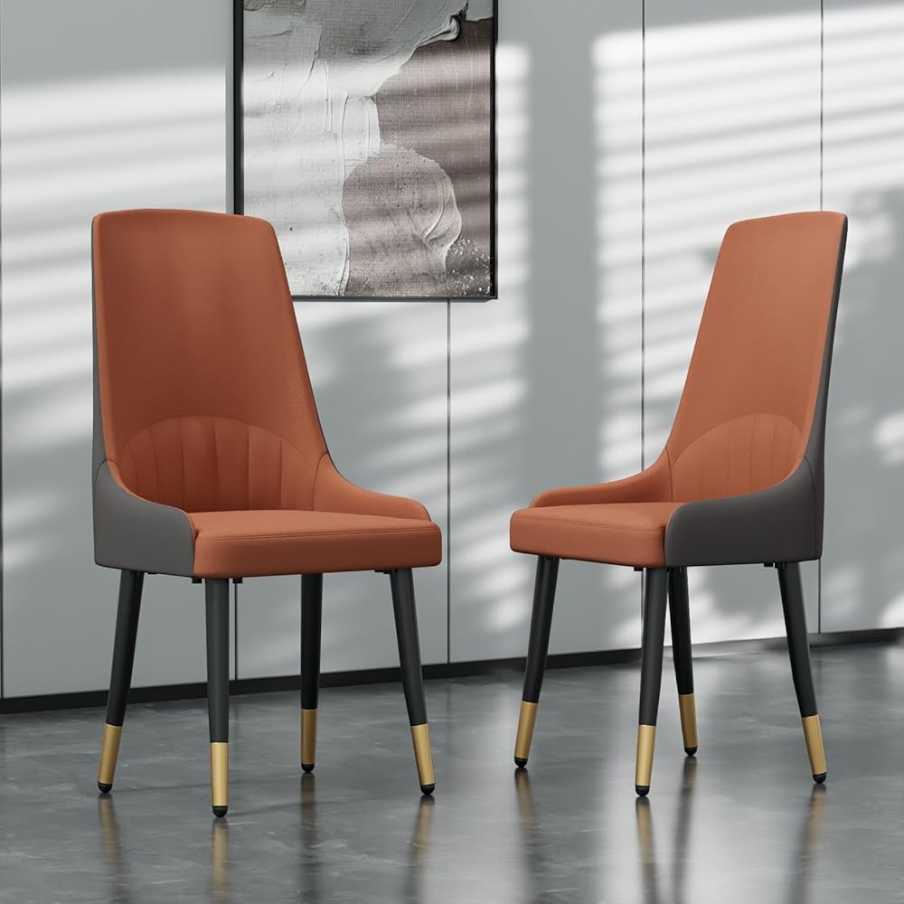 FATIVO Leather Dining Chairs Set of 2 : Faux Leather Upholstered Dining Chairs Elegant Luxury Ergonomics Thick Seat High Back Large Chair for Kitchen,Dining,Living Room,Orange &...