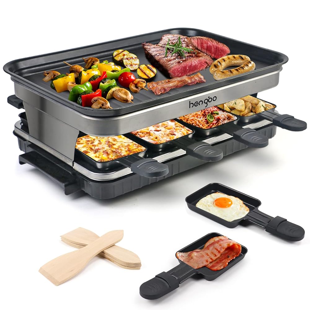 hengbo Raclette Grill 8 Person Indoor Grill Machine 8 Mini Non Stick Pan for Raclette Cheese Dishes Cooking Party Kitchen Cooker Health Electric Smokeless BBQ Grill 1 Steak Pan...