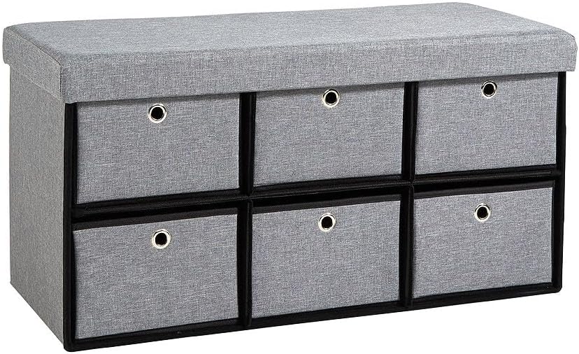 Home Source Folding Ottoman 6 Drawer Fabric Storage Chest, Grey, 76cm