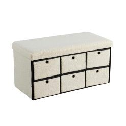 Home Source Folding Ottoman 6 Drawer Teddy Boucle Fabric Storage Chest, Cream, 76cm