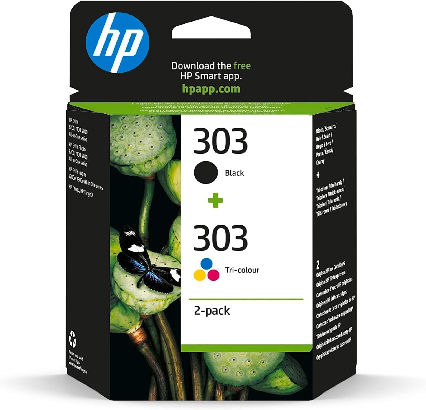 HP 303 (3YM92AE) Original Printer Cartridges 2 Count (Pack of 1) (1xblack, 1xcolor) for HP ENVY 6200, 7100, 7134,7220e,7221e,7224e,7800,7900e Tango Printer.Black - 1X 200...