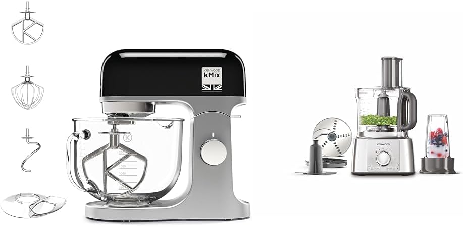 Kenwood kMix Stand Mixer for Baking, Stylish Kitchen Mixer with K-beater, Dough Hook and Whisk, 5L Glass Bowl, 1000 W, Black & FDP65.180SI 2 in 1 Food Processor Multipro...