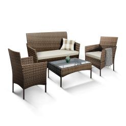 KEPLIN 4 Piece Rattan Garden Furniture Set - Outdoor Lounger Sofa, Stackable Chairs & Bistro Table - UV-Resistant, Easy Storage - Patio Dining (Brown)