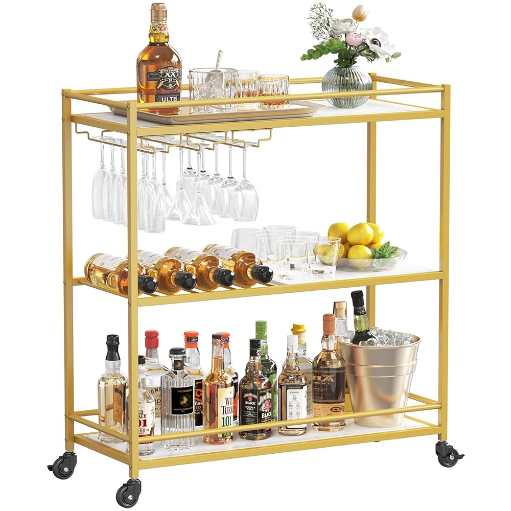 Lifewit Drink Trolley, 3 Tier Bar Cart on Lockable Wheels, Kitchen Serving Wine Trolley for 12 Glass Holders and 4 Wine Rack, Cocktail Alcohol Trolley for Dining Livingroom,...
