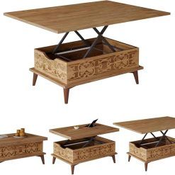 Natural Extendable Lift Top Coffee Table & Dining Table 6 IN 1 Convertible Multifunctional Design Up to 6 Person