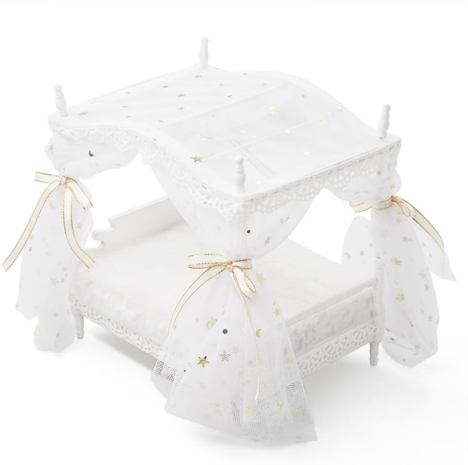 Odoria Dollhouse Princess Bed Miniature: 1/12 Scale Queen Bed White Fluffy for 6 inch Dolls Bedroom - Mini Bedding Furniture with Luxury Canopy