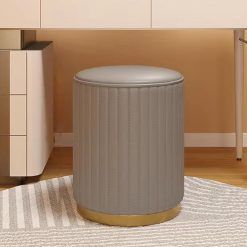 Round Velvet Storage Ottoman, Low Round Leather Ottoman, Sponge Vanity Stool Chair，Upholstered Foot Rest Stool with Gold Plating Base for Living Room ，Bedroom or Shop.(Leather...