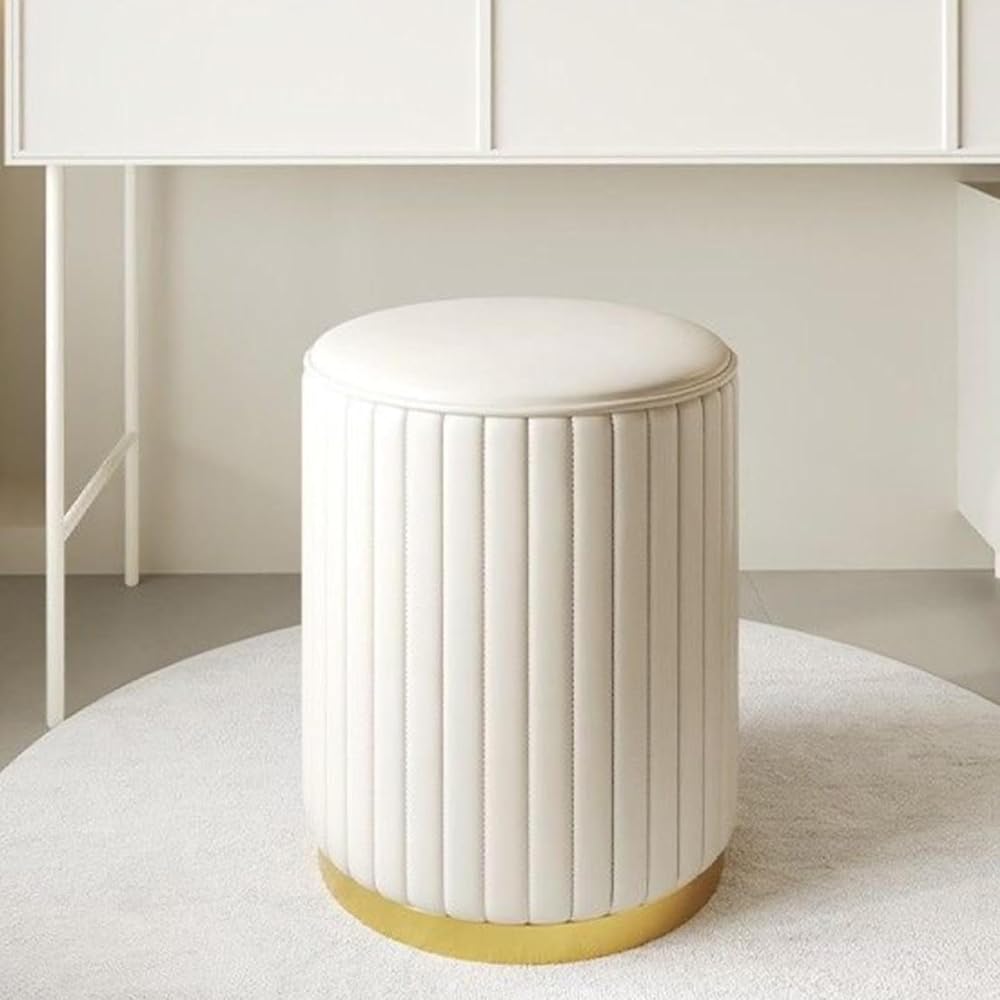 Round Velvet Storage Ottoman, Low Round Leather Ottoman, Sponge Vanity Stool Chair,Upholstered Foot Rest Stool with Gold Plating Base for Living Room ,Bedroom or Shop.(Leather...