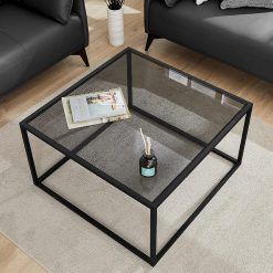 SAYGOER Glass Coffee Table, Small Modern Coffee Table Square Simple Center Tables for Living Room 68 x 68 x 40cm, Gray Black