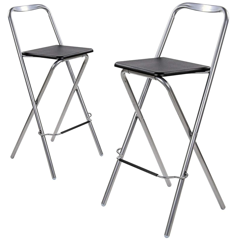 Taylor & Brown 2 x Folding Bar Stool Chair Wooden Effect Breakfast Barstool Kitchen Restaurant Seating Silver Frame Foldable Seat Home with Footrest, Black