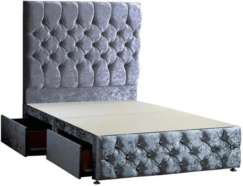 TheTopBed Traditional Divan Bed Designer Headboard with Drawers Storage - Wooden Frame - Silver Crushed Velvet Single, double, and King Size (King)