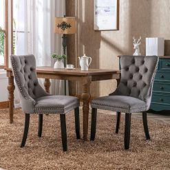 Velvet Upholstered Dining Chairs Set of 4 with Oak Wood Legs Luxury Knocker Wing Back Office Chairs for Dining Room Bedroom Handmade Grey Chairs