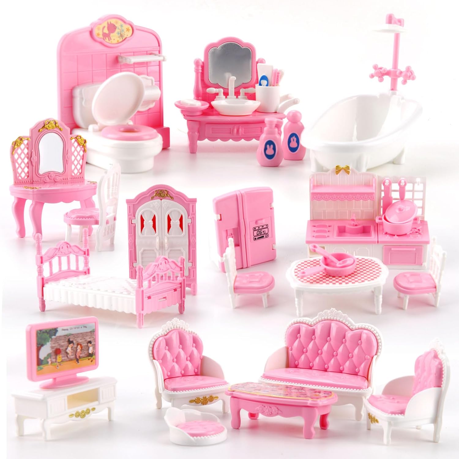 32 Pcs Dollhouse Furniture Set, Pretend Play Doll House Furniture Set, Miniature Plastic 1:12 Scale mini House minihouse Accessories,Pretend Play Furniture Toys for Boys Girls