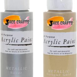 3Ace Crafts (Pack of 2) Metallic Silver & Metallic Antique Gold - Acrylic Paint 59ml -Kids, Garden Furniture Ornaments, Outdoor Paint, Air Drying, Modelling Clay, Plastic, Board...