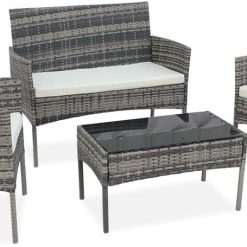 4 PCS Patio Rattan Furniture Set 1 Loveseat 2 Armchair with Cushioned Seat 1 Coffie Table for Outdoor GardenOutdoor Living Room Gray (Gray)