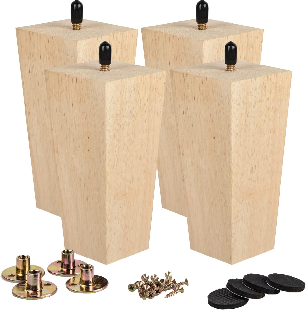 6 inch Wooden Furniture Legs, La Vane Set of 4 Solid Wood Square Unfinished Mid-Century Modern M8 Replacement Bun Feet with Pre-Drilled 5/16 Inch Bolt & Mounting Plate for Couch...