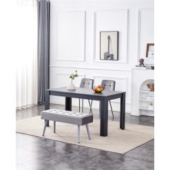 Dining Table and 2 Chairs And Bench Oak Effect Wood Table 1 Grey Velvet Chairs Dining Room