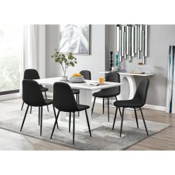 Edzard Pedestal High Gloss Dining Table Set with 6 Faux Leather Dining Chairs