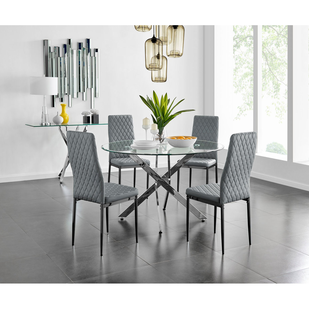 Tierra Modern Metal & Glass Round Dining Table Set with 4 Quilted Faux Leather Chairs