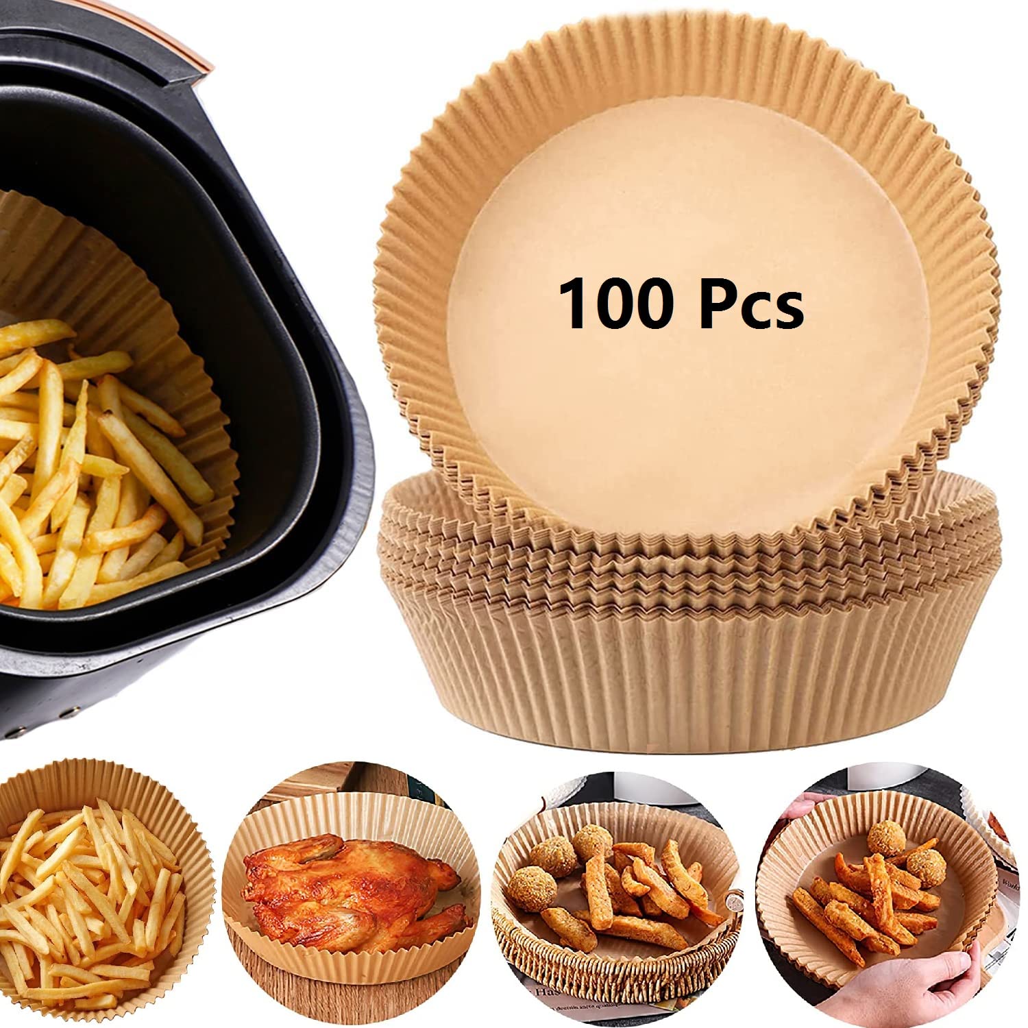 Air Fryer Disposable Paper Liner, 100PCS Non-Stick Disposable Baking Paper for Air Fryer Oil-Proof, Water-Proof, Food Grade Parchment for Baking Roasting Microwave (100Pcs-6.3...