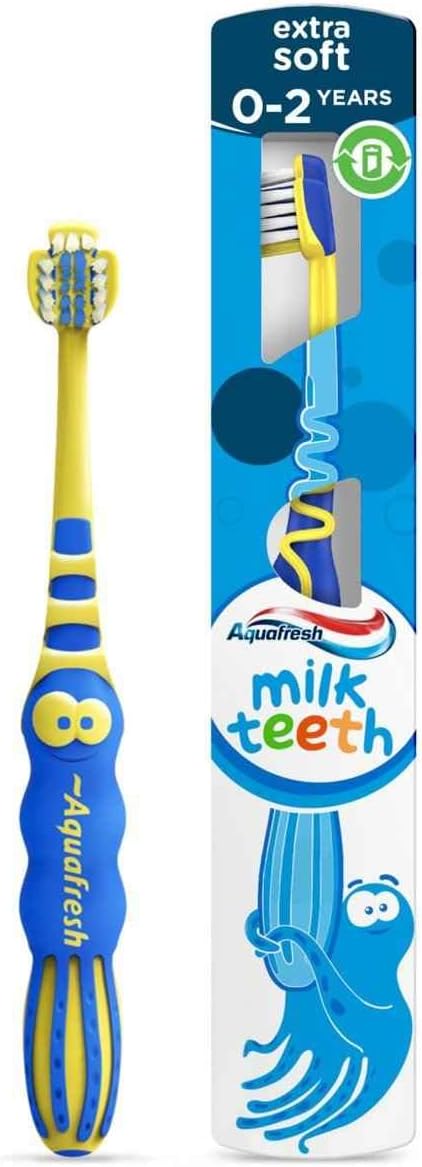 Aquafresh Milk Teeth Baby Toothbrush, Specially Designed for Children aged 0-2 by Dental Experts, Toddler Toothbrush in Plastic-free Packaging, Extra Soft Bristles