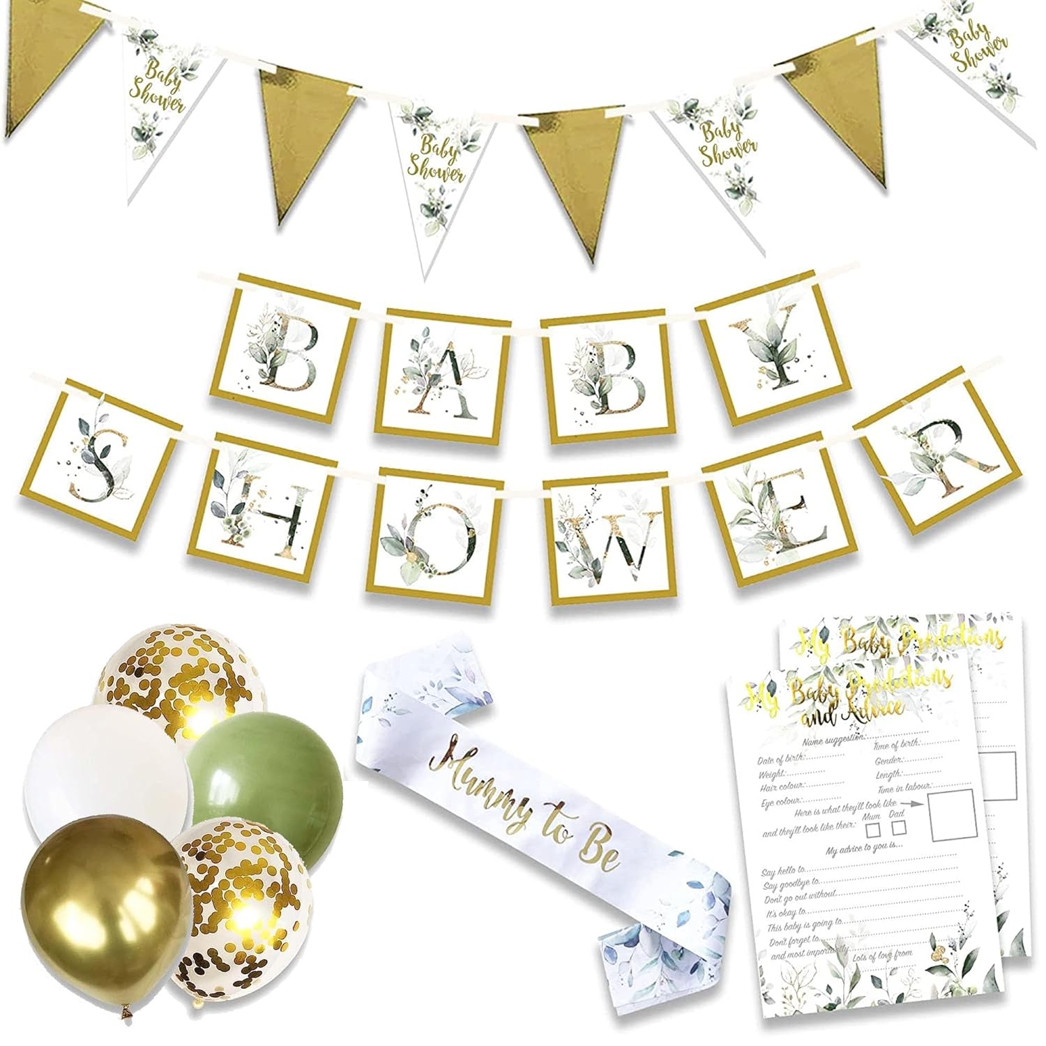 Baby Shower Unisex 24pcs Decoration Bundle Sage Green Gold - Neutral Gender Reveal Banner Garland, Bunting, Confetti, Latex Balloons And Sash For Mum To Be - Botanical Decor For...