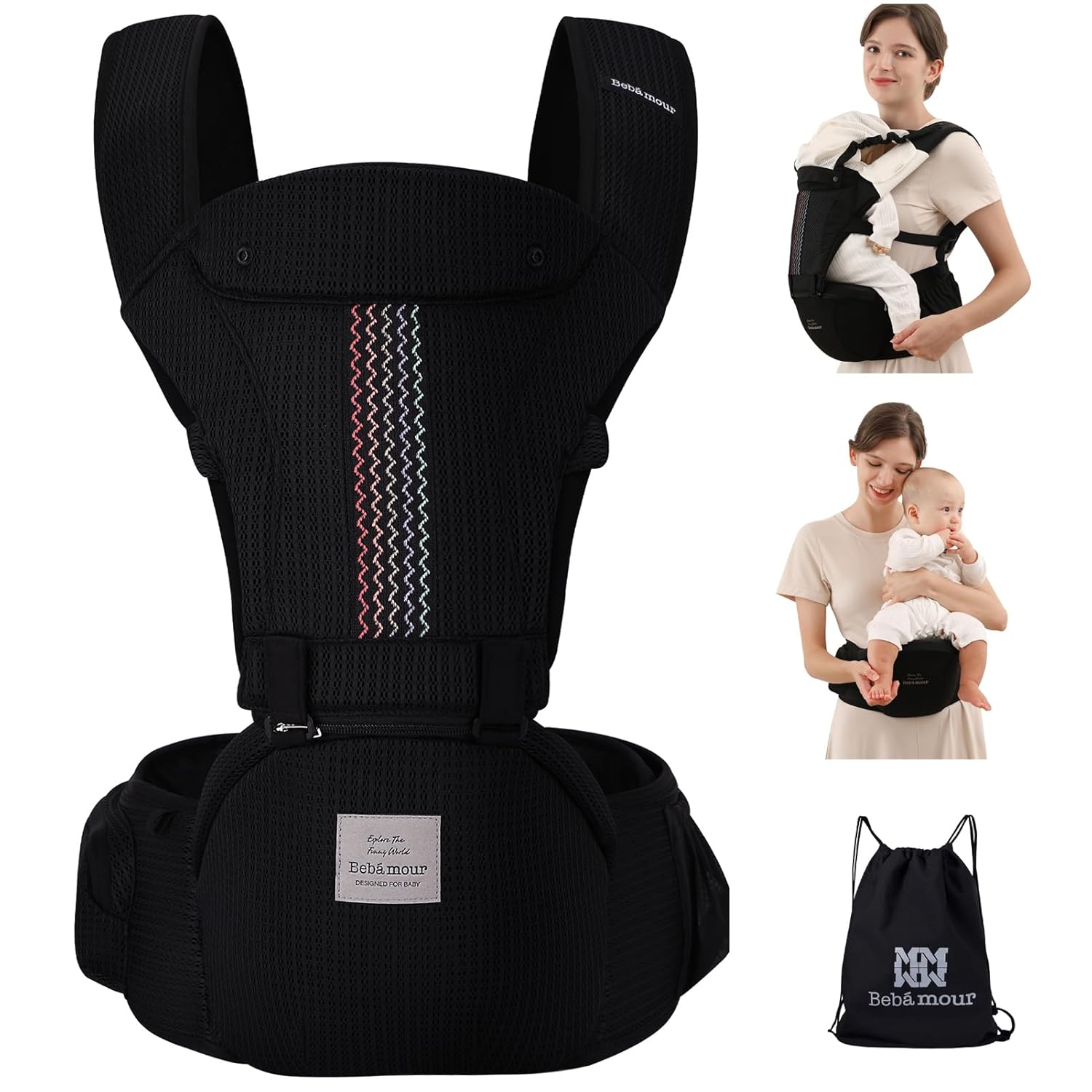 Bebamour Baby Carrier Newborn to Toddler Baby Carrier Hipseat 0-36Months with Head Hood, 3 PCS Teething Pads, Waist Extender, Black Pro
