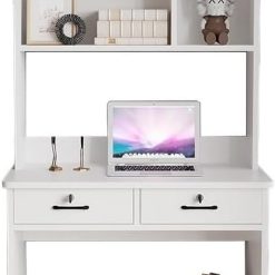 BOKNI Solid Wood Desk and Built-in Bookshelf, Simple Desk with Bookshelf for Home Bedroom (Color: 75 x 50 x 185cm White)