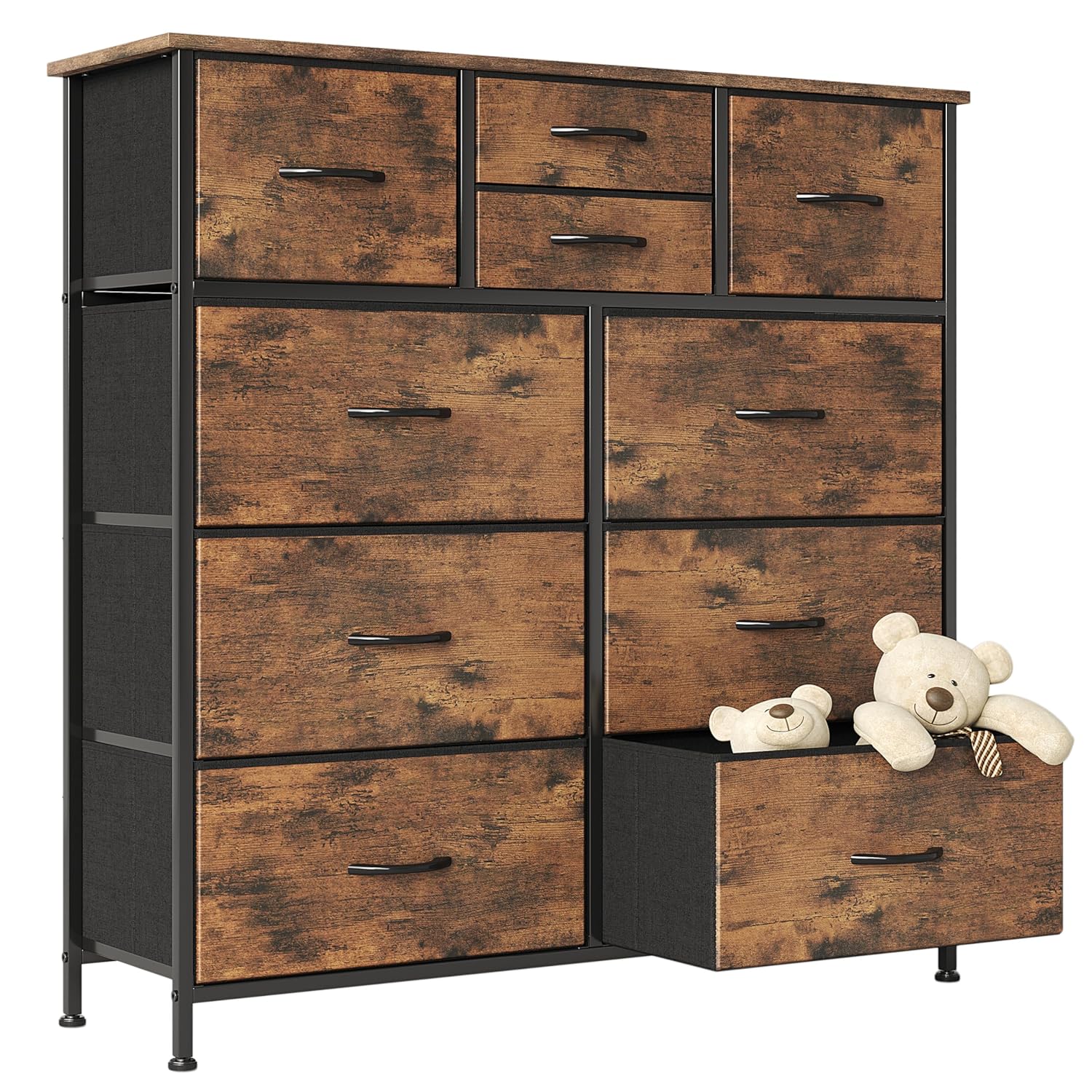 CAIYUN Chest of Drawers with 10 Drawers, Bedroom Storage Drawers, Fabric Tall Dresser for Living Room Closet Hallway Entryway, Rustic Brown