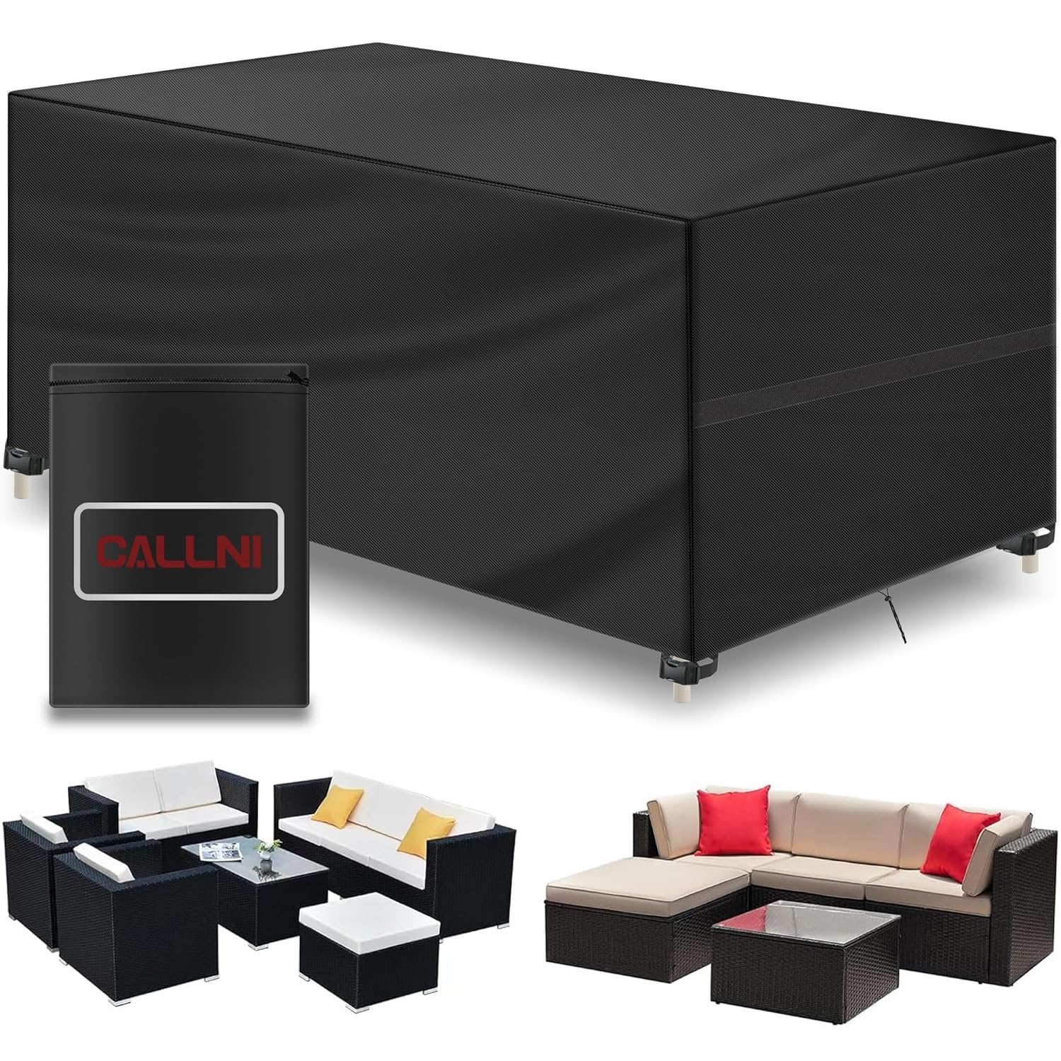 Callni Garden Furniture Covers with Side Tightening Strap, Windproof, Waterproof 420D Oxford Fabric, Patio Table Cover For Outside Chairs Sofa Storage Rectangular (BLACK, 250 *...