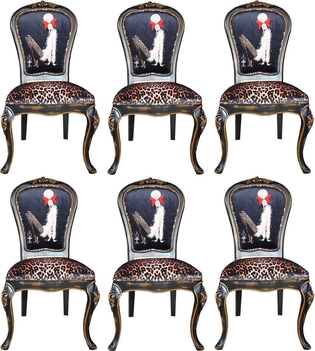 Casa Padrino Luxury Baroque Dining Set Lady with High Heels Leopard/Black/Brown 50 x 50 x H. 110 cm - 6 Handmade Dining Chairs - Baroque Furniture