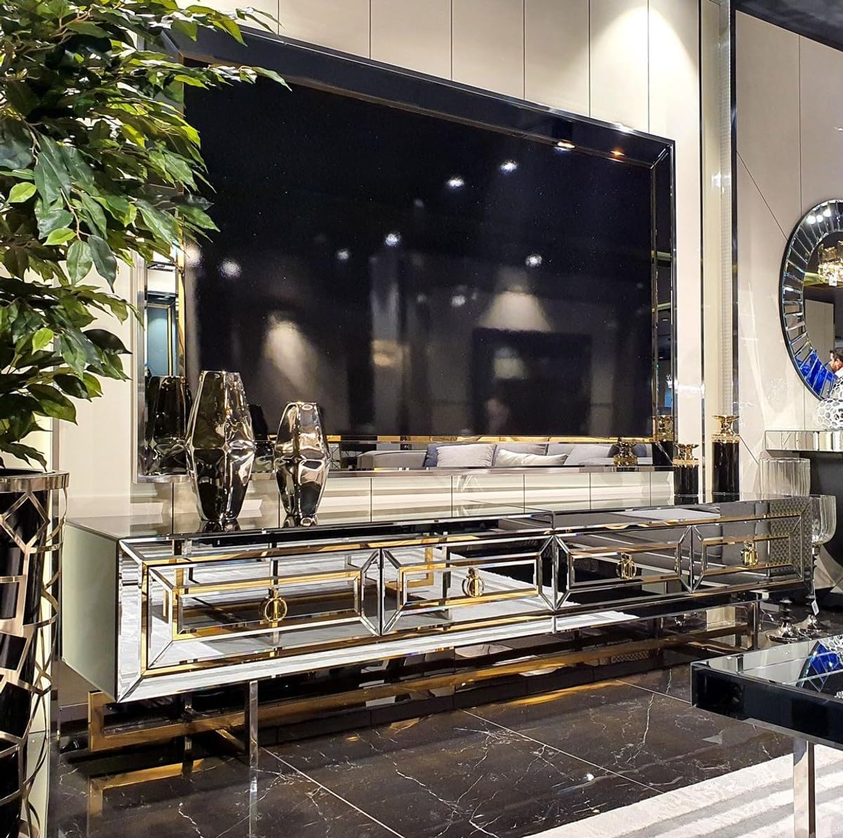 Casa Padrino luxury living room furniture set silver/gold - Mirrored TV cabinet with mirrored back wall - Mirrored luxury furniture