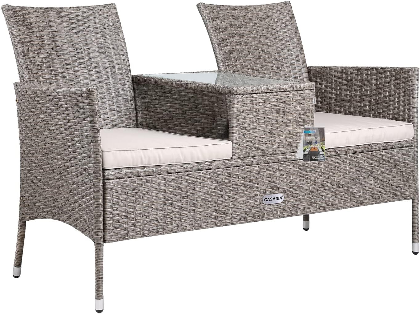 CASARIA® Poly Rattan Garden Bench | 2-Seater | Middle Table Glass Cover | Weatherproof | 143 cm | Outdoor Balcony Cinema Love Seat | Cream