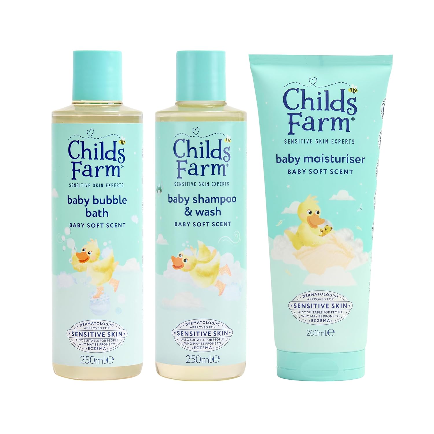 Childs Farm Baby Regime Bundle | Bubble Bath (250ml), Shampoo & Body Wash (250ml) and Body Moisturiser (200ml) | Baby Soft Scent | Suitable for Newborns with Sensitive, Dry,...