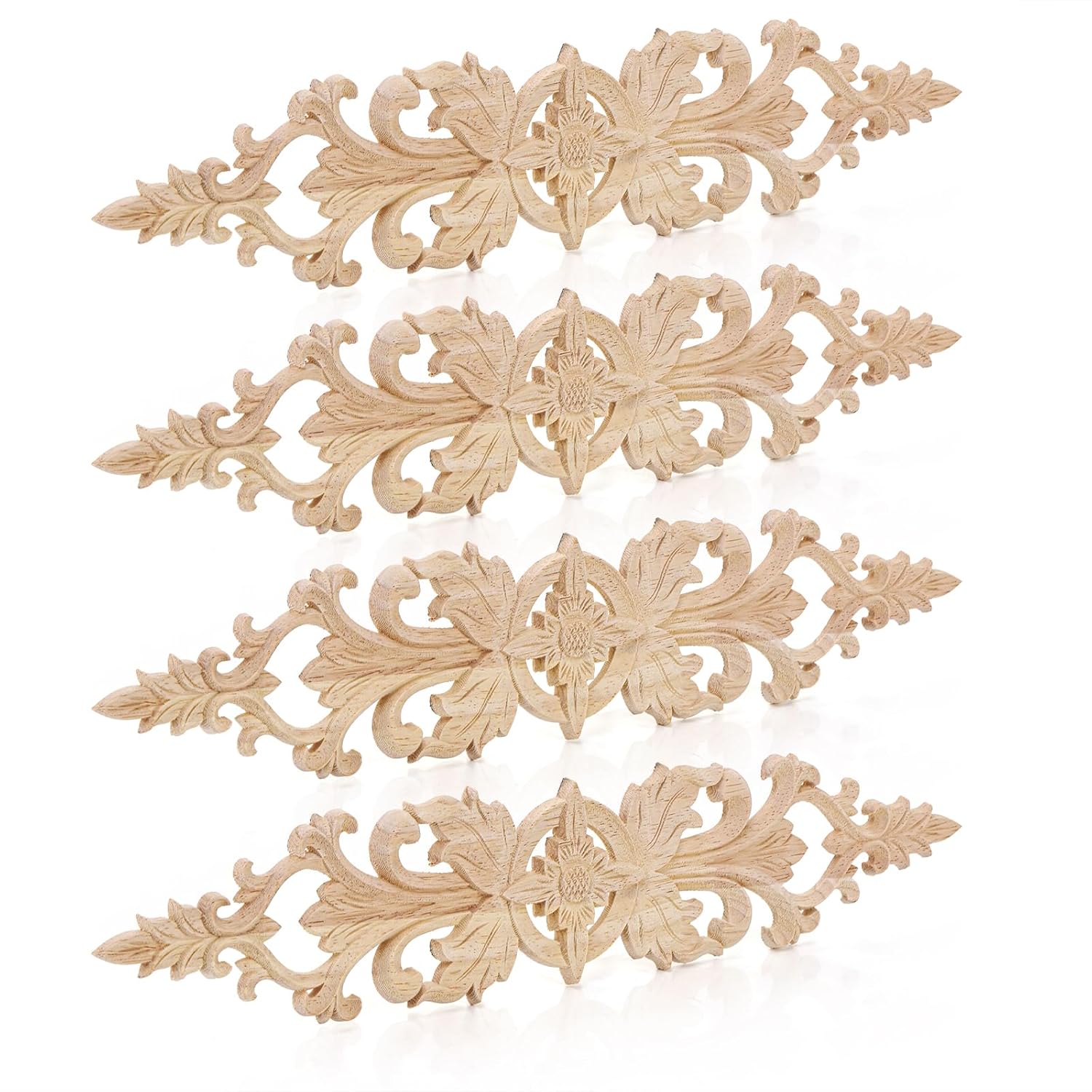 Coloch 4 Pack Wood Applique Onlays for Furniture, 41x 7.5 CM Wood Long Carved Decals DIY Decorative Wood Appliques for Bed, Door, Cabinet, Dresser, Wardrobe, Furniture