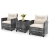 COSTWAY 3 Pieces Patio Rattan Bistro Set, Metal Frame Garden Coffee Table and Sofa Chairs Set with Cushions, Outdoor Furniture Wicker Conservatory Set for Balcony Yard Poolside...
