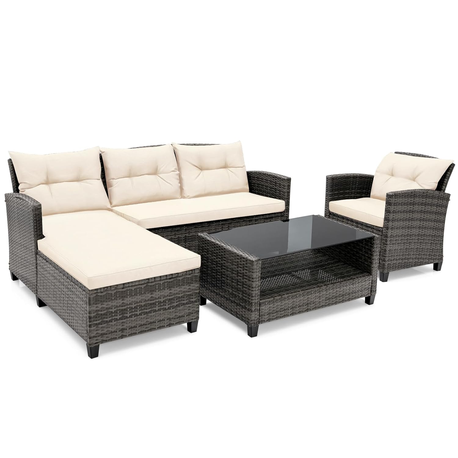 COSTWAY 4-Piece Garden Rattan Furniture Set, Patio Conversation Set with Cushions, Pillows and Coffee Table, All-Weather Outdoor Sectional L-shaped Sofa Set for Balcony Lawn...
