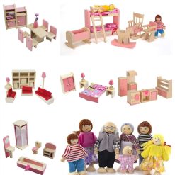 DecoBay Wooden Dolls House Furniture 4 Sets, 5 Sets, 6 Sets Bedroom, Kitchen, Bathroom and Living Room with Family Dolls (6 Sets of Rooms and 7 Family Dolls)