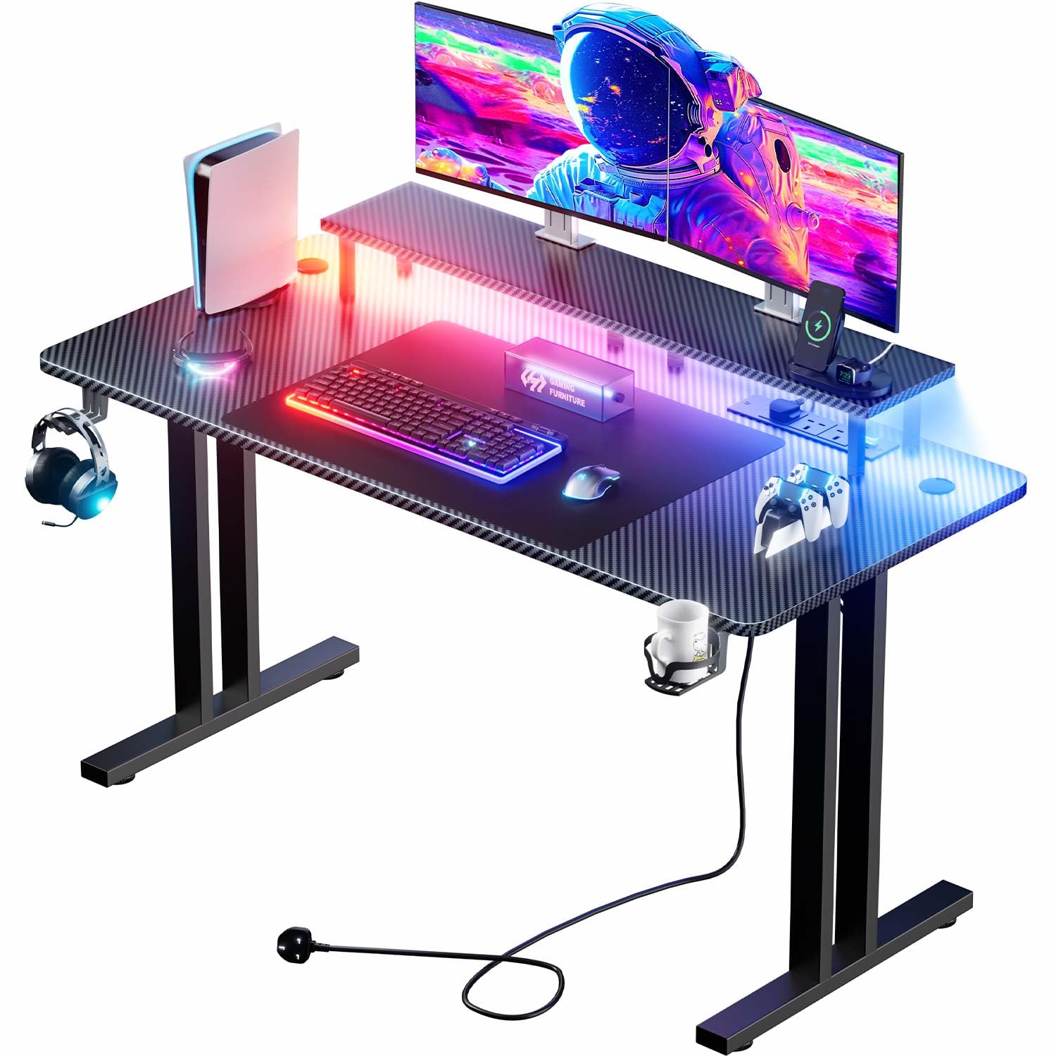 DLONGONE 120 CM Gaming Desk with LED Lights & Power Outlet, Computer Gamer Desk with Monitor Stand, Ergonomic Carbon Fiber Gaming Table Home Office Desk with Cup Holder,...