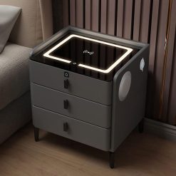 DWLOMHE Bedroom Smart Bedside Table with Drawers, USB, Three-color light, Wireless Charging Port and Fingerprint lock, bluetooth speaker Side Table, for Living Room (dark grey),...